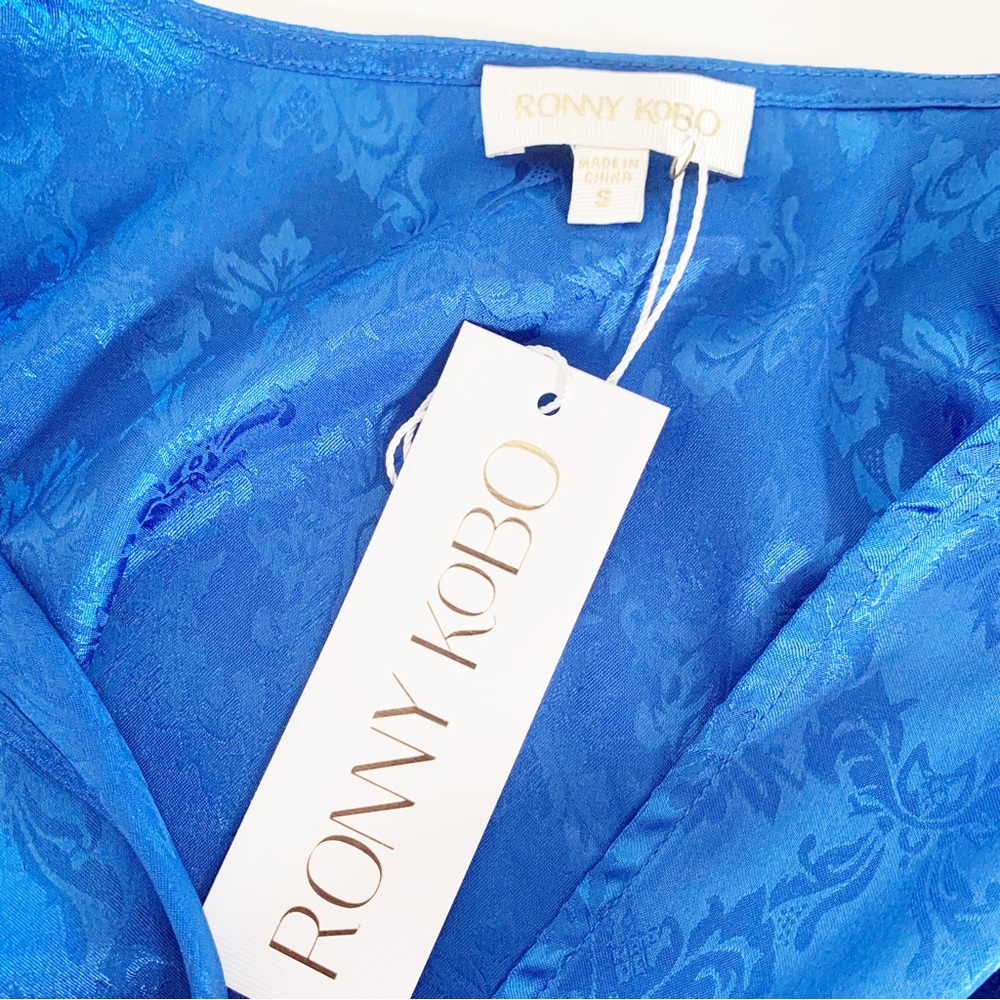 🔵 Ronny Kobo Royal Blue Damask Pattern Satin Eugenia Crop Top Blouse NEW… - Picture 9 of 11